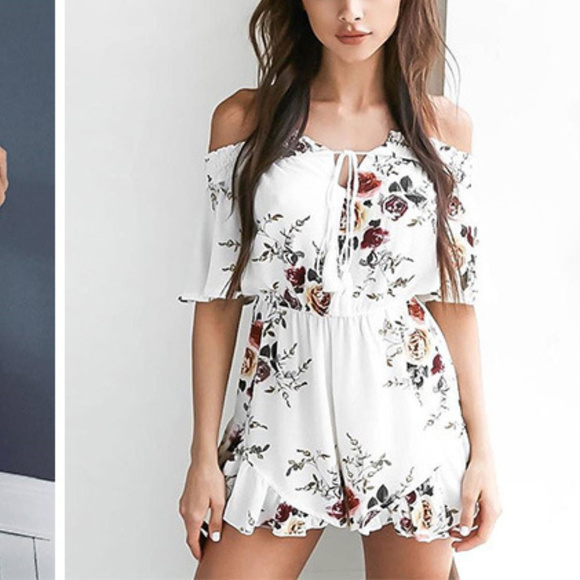 White Floral Open Shoulder Jumper suite Rumper - Picture 2 of 4